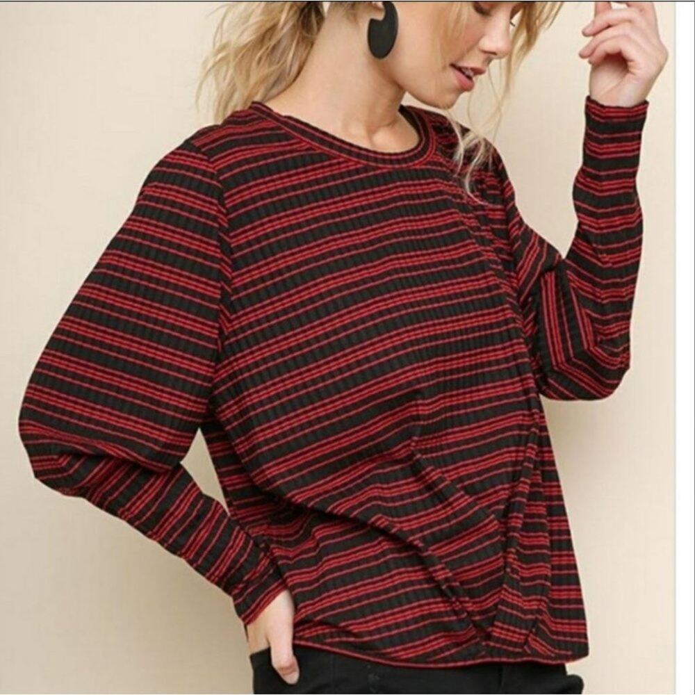 Umgee NWT striped cross elastic waist front puff long sleeves‎ shirt size Small